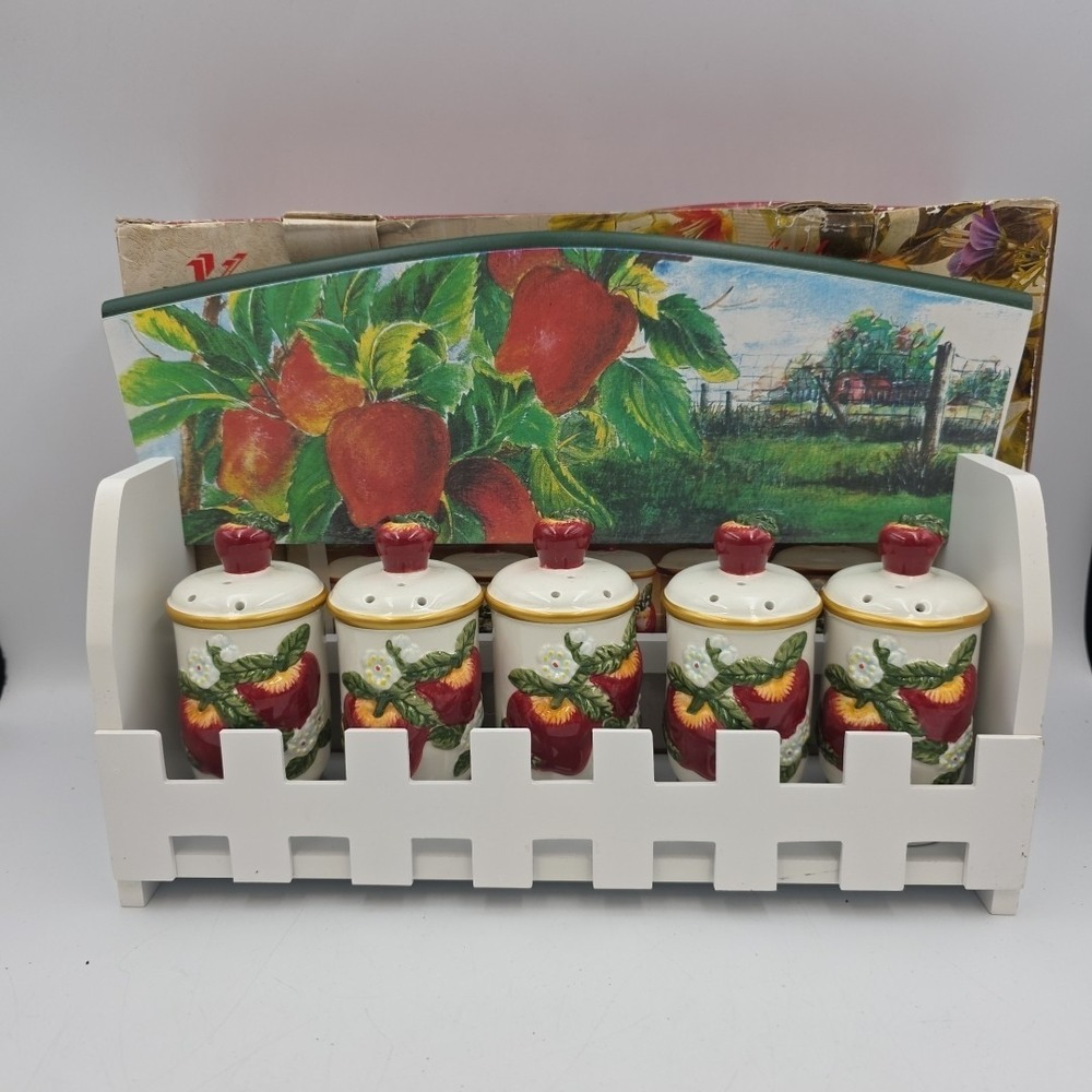 Vintage Apple Wooden‎ Spice Rack w 5 Jars For Spices 3-D Apples  K.K.